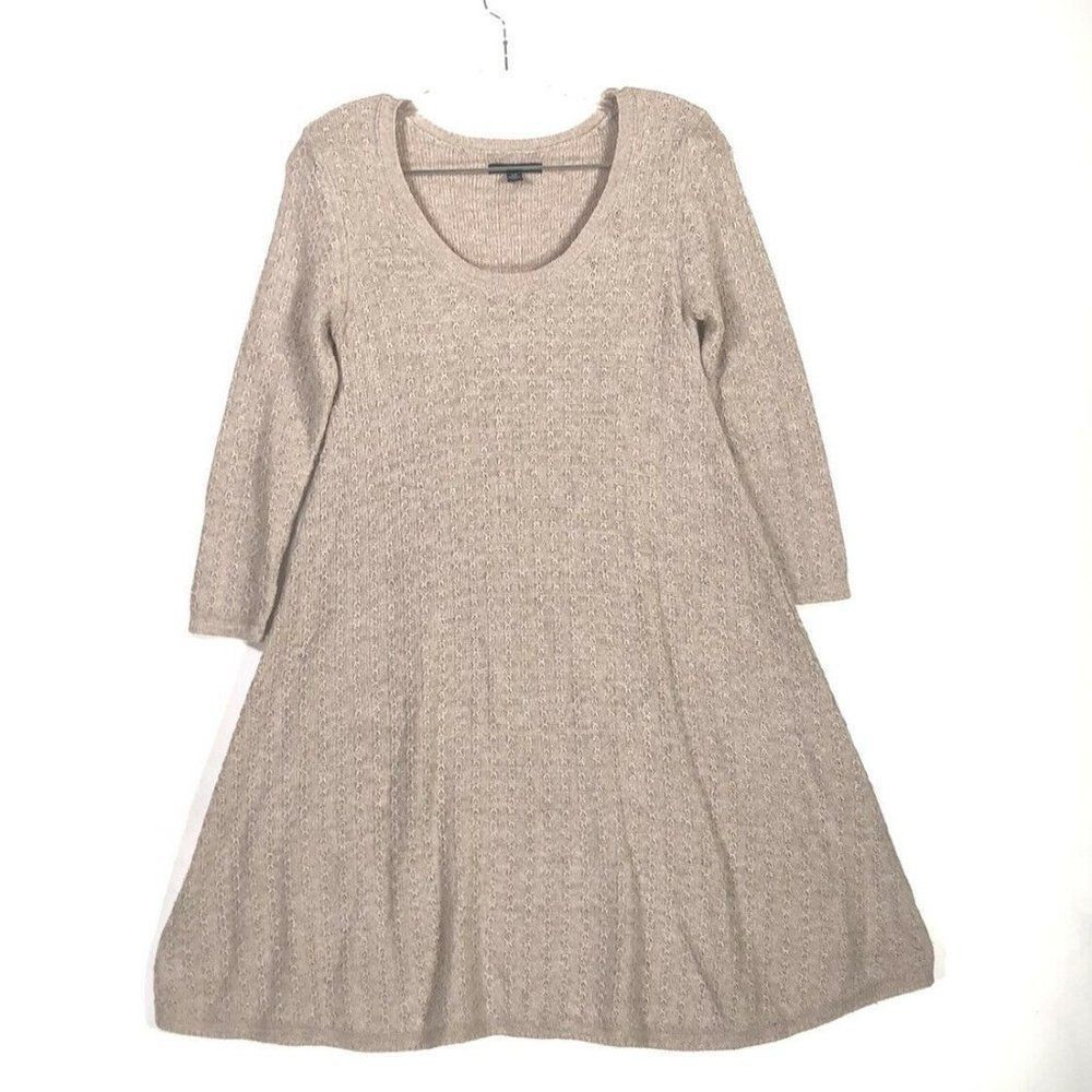 American Eagle A Line Sweater Dress Ladies Small Beige 3/4 Sleeves Picot Knit